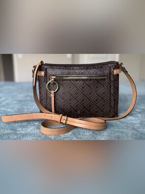 Liz Claiborne Brown Geometric Crossbody Bag Multi Pocket Adjustable Strap